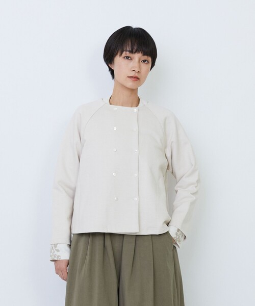 LOISIR ジャケット ノーカラージャケット コットン裏毛クルーネック