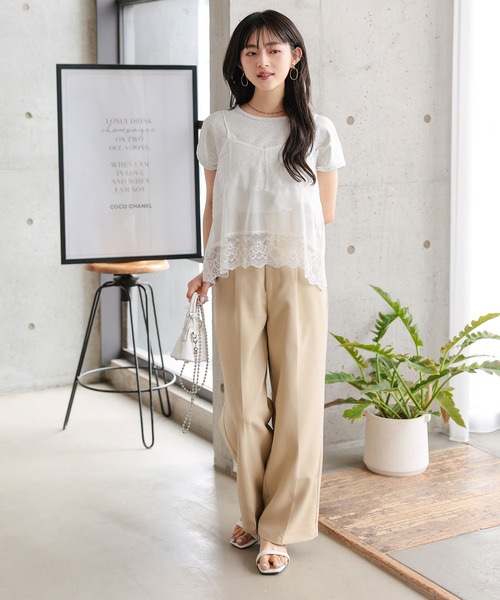 tシャツ 半袖 「 低身長向けサイズ 」 2点セット レースキャミソール 