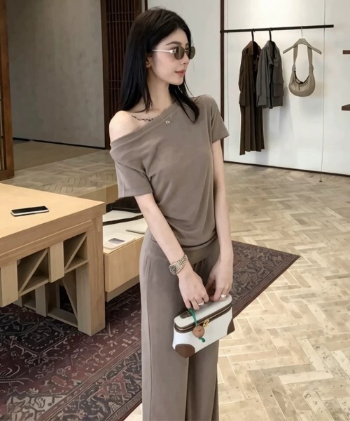 Aelina セットアップ オフショルダートップス+パンツセットアップ