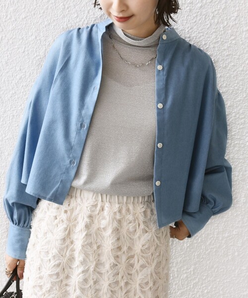ブラウス シャツ * 「手洗い可能」クロップド ギャザー シャツ  レディース