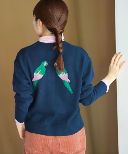 ニット セーター パロット刺繍　クルーネックカーデ レディース