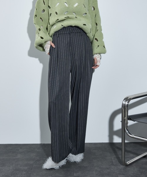 THE Yon パンツ ダブルウエストピンストライプタックパンツ レディース
