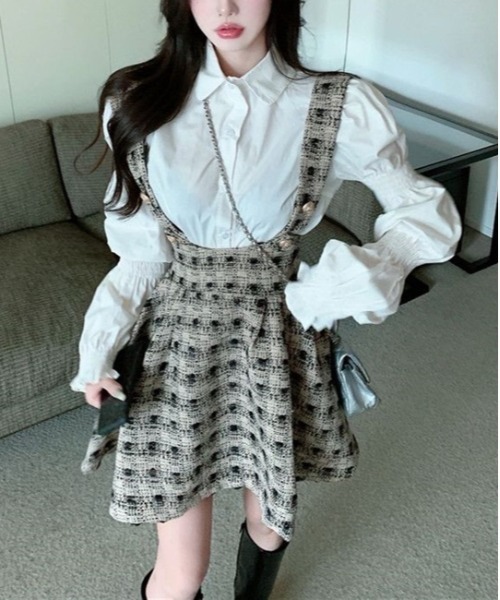 ワンピース ミニ フェイクツーピース チェック柄 ハイネック 楽天市場】セットアップ 制服風 ツーピース ジャケット ミニ