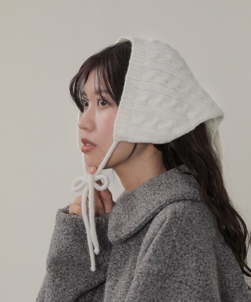 KARL DONOGHUE　ハンドメイド　ケーブル編みニット帽 ニット帽 ニットキャップ ケーブル編み バブーシュカ レディース