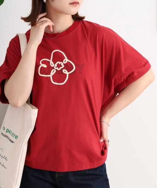 tシャツ EMAGO 花とロゴのプリントドルマンＴシャツ レディース