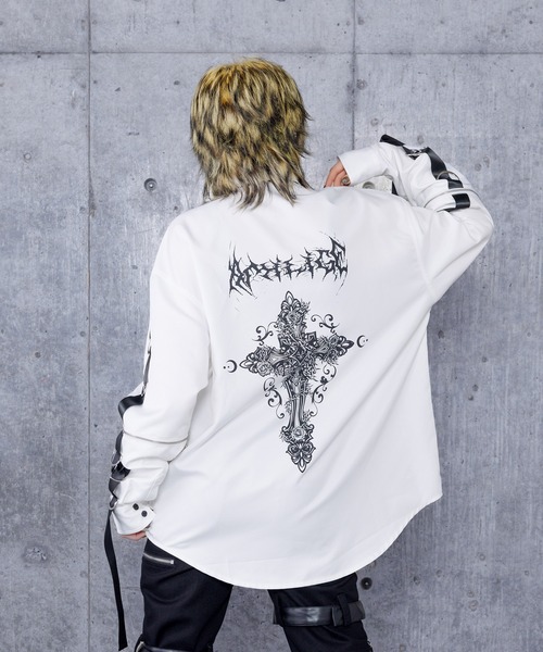 Amilige ブラウス シャツ クロスロゴプリント袖リングシャツ