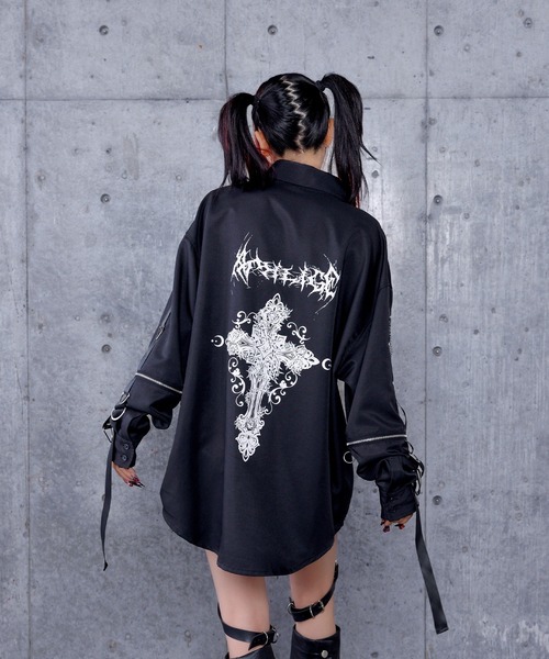 ブラウス シャツ クロスロゴプリント袖リングシャツ レディース メンズ Amilige ブラウス シャツ クロスロゴプリント袖リングシャツ