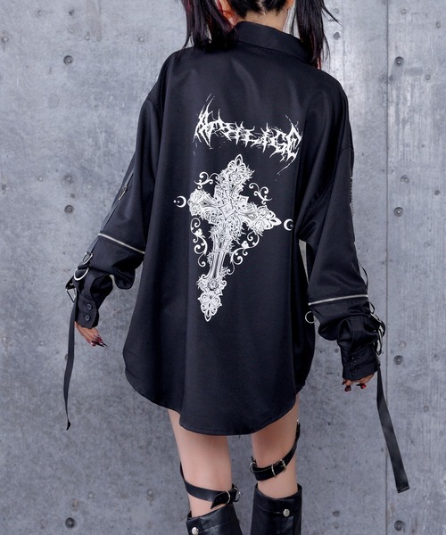 Amilige（アミリージュ） ブラウス シャツ クロスロゴプリント袖リング