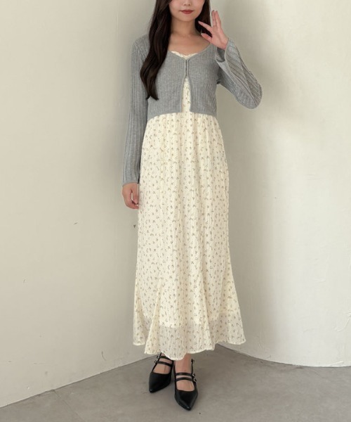 【美品】コーデ売り♡カップ付き リブキャミワンピース＆シアーカーディガン archives（アルシーヴ） ワンピース シアーリブニットカーディガン×花