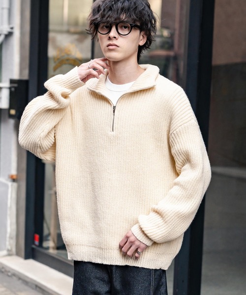 セーター ニット 新色追加 オーバーサイズ畦編みハーフジップニットセーター メンズ レディース | Rocky Monroe | 01