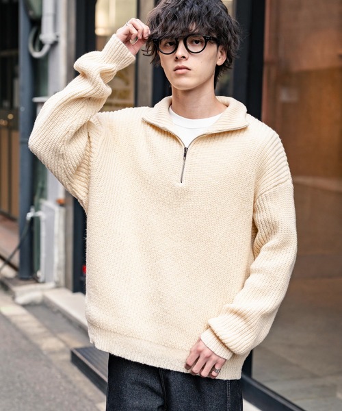 セーター ニット 新色追加 オーバーサイズ畦編みハーフジップニットセーター メンズ レディース | Rocky Monroe | 18