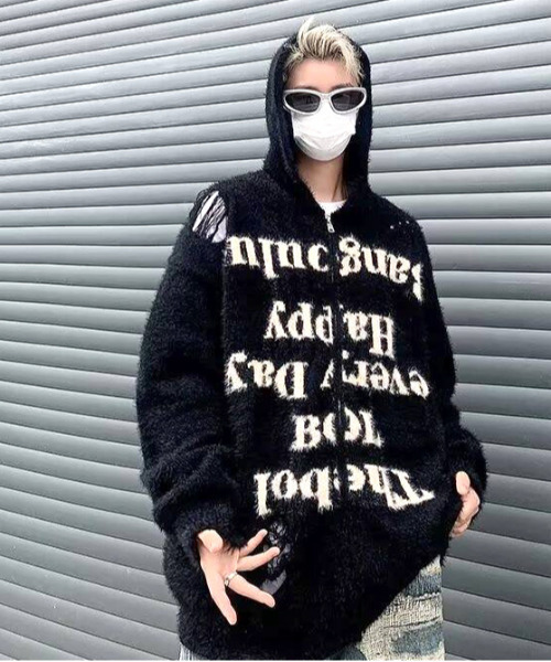 パーカー 「FVLMEN」message shaggy knit zip parka/メッセージ