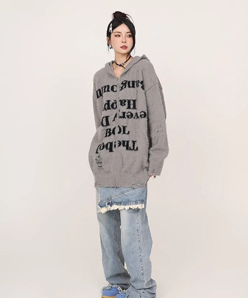 パーカー 「FVLMEN」message shaggy knit zip parka/メッセージ