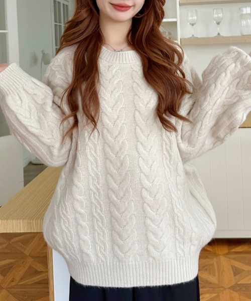 Ada. ニット セーター ケーブル編み 丸首 ニット レディース