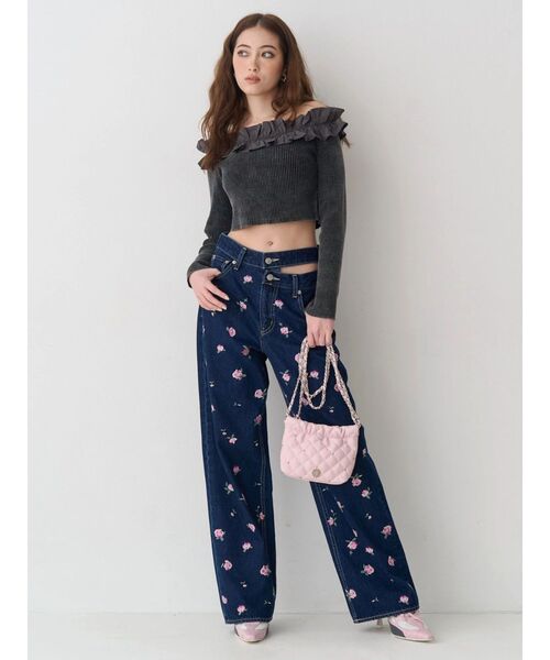 ワイドパンツ ジーンズ デニム デニムパンツ Embroideryカットアウトワイドデニムパンツ「セットアップ着用可能」 レディースの画像