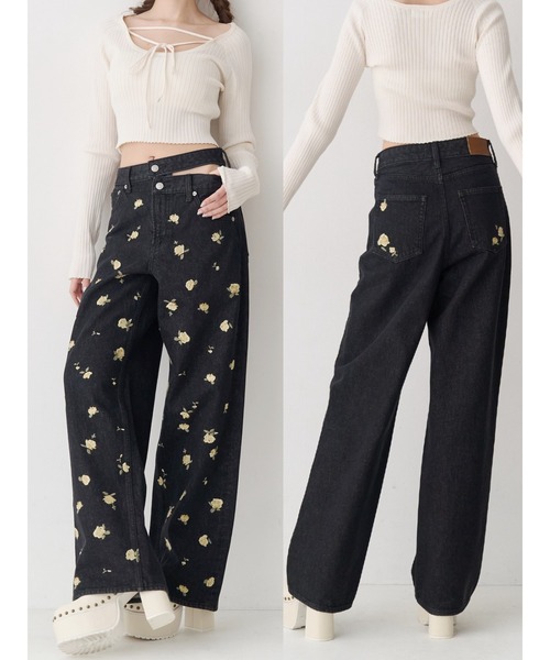 ワイドパンツ ジーンズ デニム デニムパンツ Embroideryカットアウトワイドデニムパンツ「セットアップ着用可能」 レディースの画像