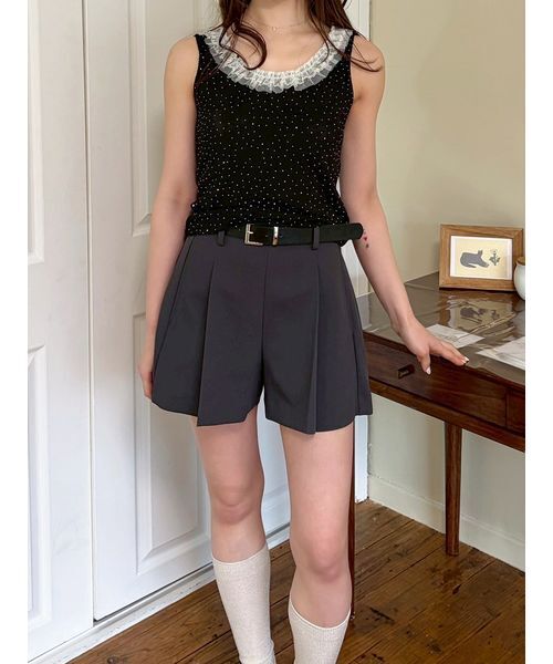 パンツ ベルト付きタックショートパンツ レディースの画像