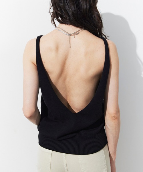 conieeCLANE ブラック ノースリーブトップス バックオープン M HANNE タンクトップ ノースリーブ オープンバックニットタンク