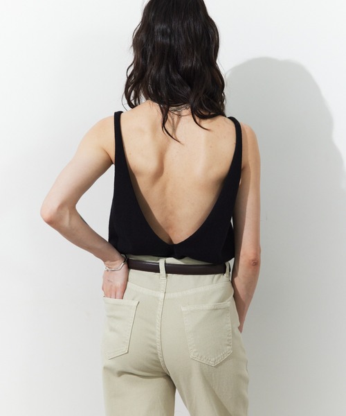 conieeCLANE ブラック ノースリーブトップス バックオープン M HANNE タンクトップ ノースリーブ オープンバックニットタンク