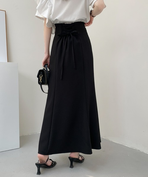 バックギャザー ワンピース 長袖 レースアップ パフィ スカート ABITOKYO スカート バックレースアップマーメイドロングスカート