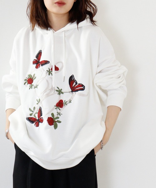 RE730 パーカー バタフライ刺繍ローズパーカー メンズ レディース