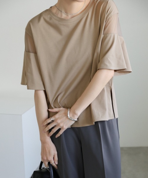 tシャツ シアーフレアスリーブカットソー レディース select MOCA tシャツ 袖切替シアーフレアスリーブトップス