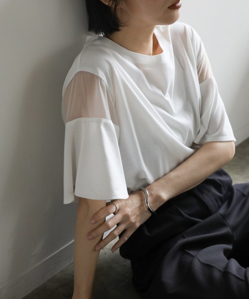 select MOCA tシャツ 袖切替シアーフレアスリーブトップス