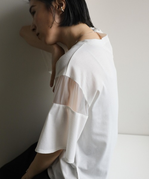 tシャツ シアーフレアスリーブカットソー レディース select MOCA tシャツ 袖切替シアーフレアスリーブトップス