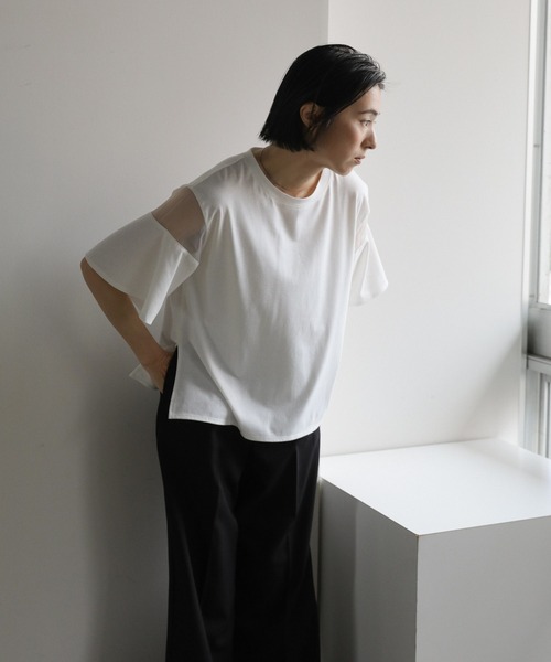 tシャツ シアーフレアスリーブカットソー レディース select MOCA tシャツ 袖切替シアーフレアスリーブトップス