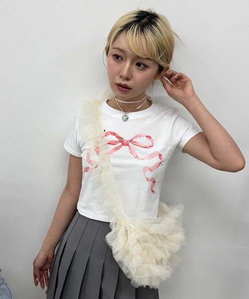 tシャツ A'GEM/9 × .kom 「.KOM/ドットケーオーエム」 フリルリボンTEE レディース KOM tシャツ A'GEM/9 × .kom 「.KOM/ドットケーオーエム