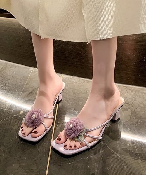 Lace Ladies サンダル コサージュ付き ナロー ストラップ