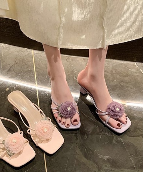 Lace Ladies サンダル コサージュ付き ナロー ストラップ