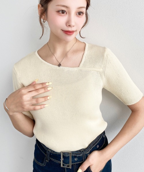 moment+ ニット セーター アシンメトリーネックSS半袖リブニットプル