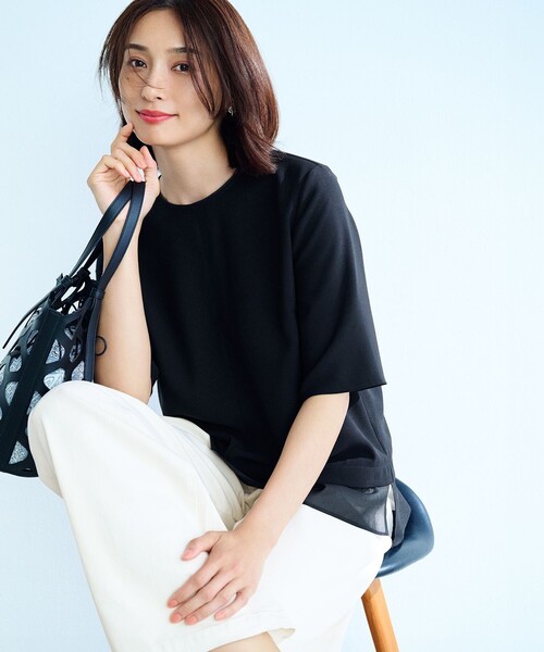 【吸水速乾/UVカット/接触冷感】ストレッチジョーゼット シアーコンビ カットソー 23区｜【吸水速乾/UVカット/接触冷感】ストレッチジョーゼット