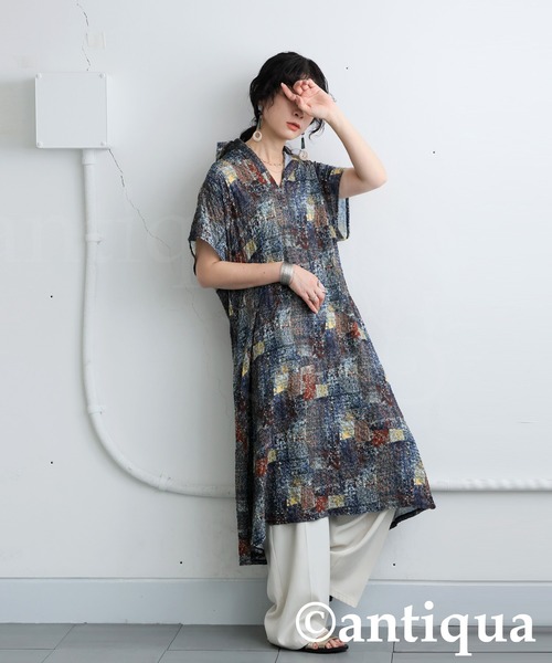 antiqua ワンピース アート柄スキッパーワンピース : ZOZOTOWN