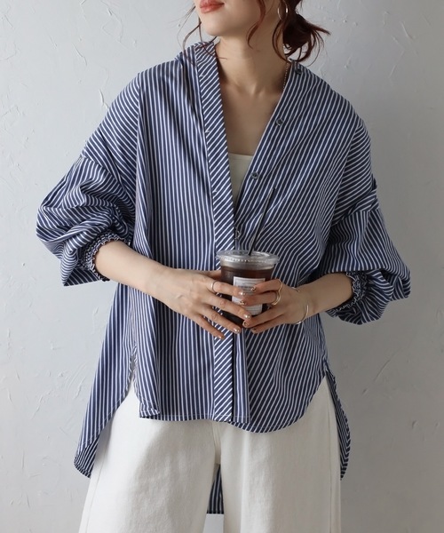 ＆HALF 「＆HALF」 「noa-ge」7分袖ブラウス L ネイビー