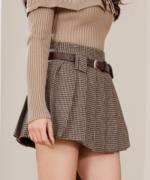 Anely スカート 千鳥格子 プリーツ ベルト付き ミニ スカート