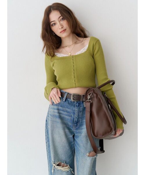 レースドッキングニットトップス EVRIS（エヴリス） ニット セーター フロントホックレースドッキング