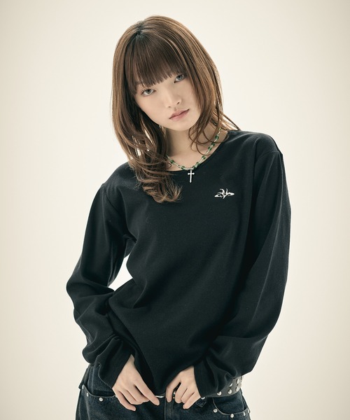 tシャツ ルーズネックワンポイントリブロンT 長袖 メンズ レディース