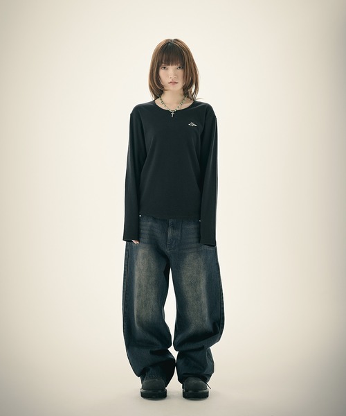 tシャツ ルーズネックワンポイントリブロンT 長袖 メンズ レディース