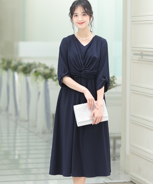 「PourVous」 7分袖ワンピース L ネイビー レディース_画像2