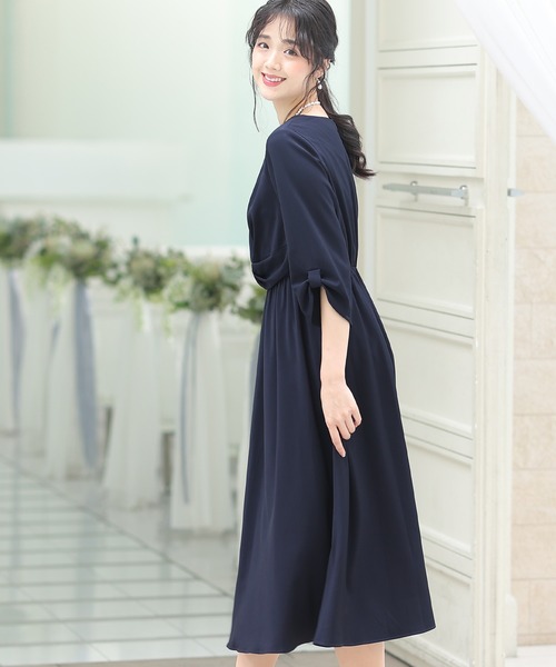 「PourVous」 7分袖ワンピース L ネイビー レディース_画像3