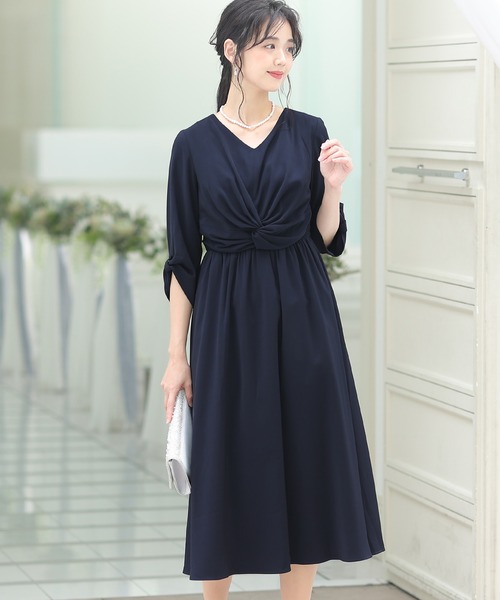 「PourVous」 7分袖ワンピース L ネイビー レディース_画像5