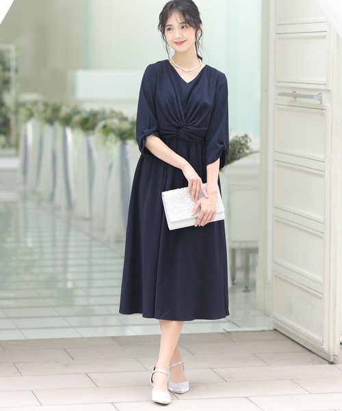 「PourVous」 7分袖ワンピース L ネイビー レディース_画像6