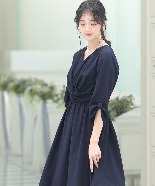 「PourVous」 7分袖ワンピース L ネイビー レディース_画像7