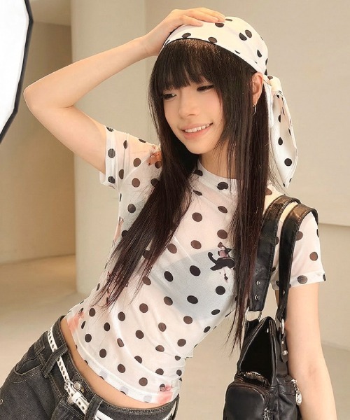 tシャツ 半袖 ドット × アニマルプリント 透け感メッシュ T シャツ