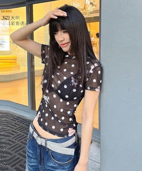 tシャツ 半袖 ドット × アニマルプリント 透け感メッシュ T シャツ