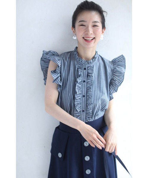 45rpm ストライプ フリル 半袖トップス cawaii tシャツ シャープなストライプの肩フリルブラウス