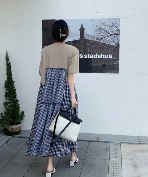 ワンピース レディース 5分袖カットソー切り替えギンガムチェックティアードロングワンピース | emi+ | 19