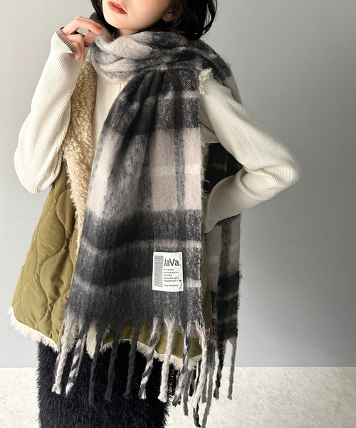 Java マフラー ストール 大判・ふわふわ チェック柄 ボリューム